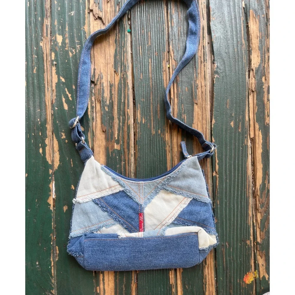 Denim Blues Patchwork Hobo Bag Blue Cream Frayed Crossbody Vintage Style